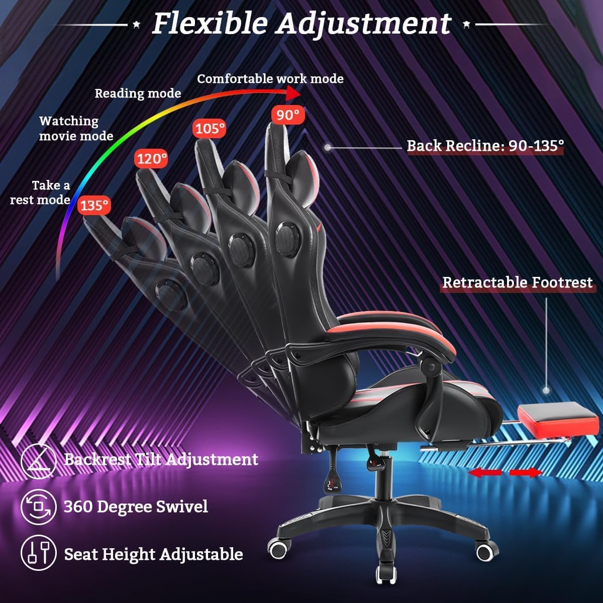 RGB Gaming Chair with Bluetooth Speakers, Massage & Footrest