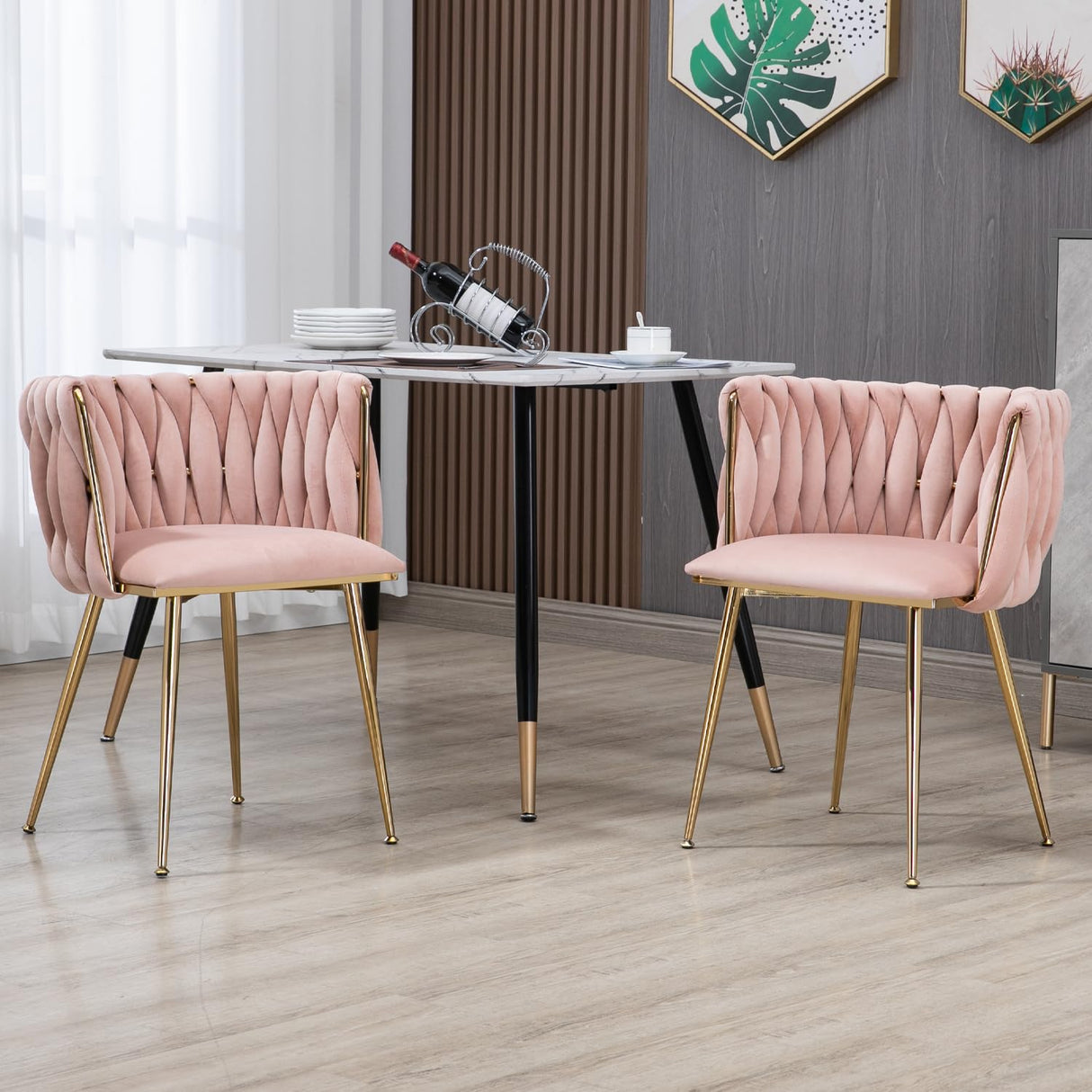 Modern Velvet Dining Chairs Set of 4, Woven Dining Room Chairs with Gold Metal Legs