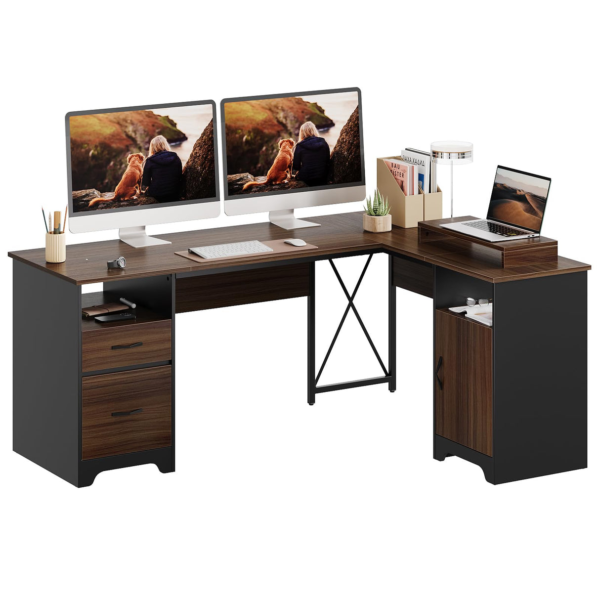 L Shaped Desk with File Drawers, 63" x 47" Office Computer Desk with Storage Cabinet