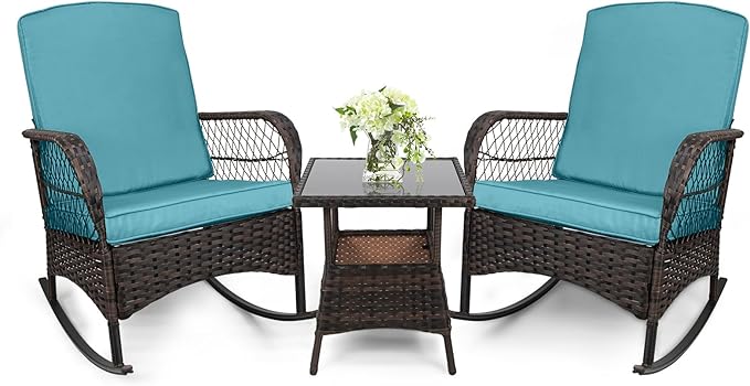 3 pcs Rocking Bistro Set Conversation Chairs PE Wicker Outdoor Rocking Chairs