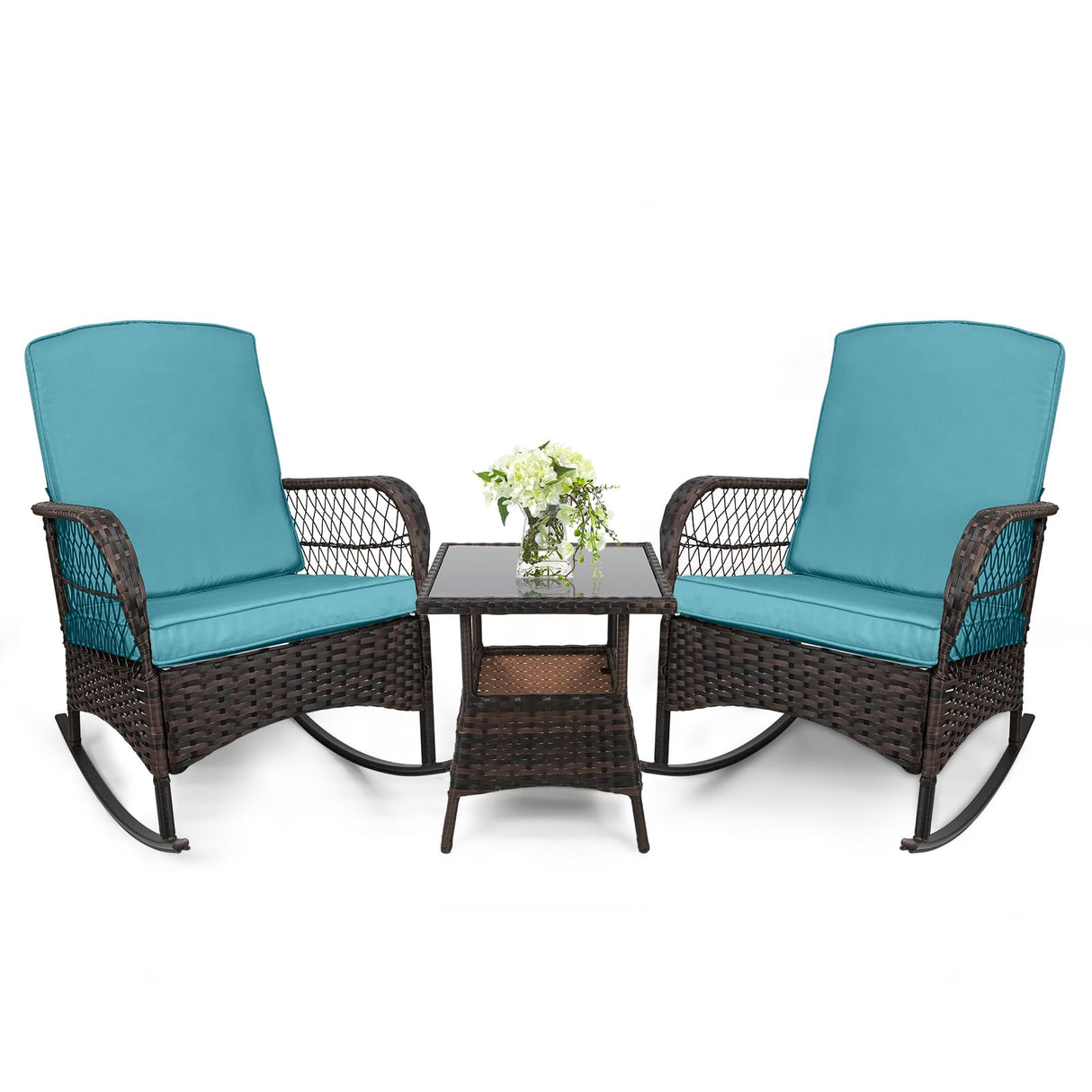3 pcs Rocking Bistro Set Conversation Chairs PE Wicker Outdoor Rocking Chairs