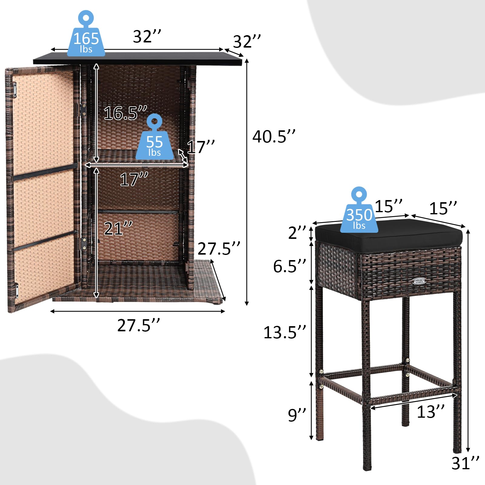 HAPPYGRILL 5 Pieces Rattan Bar Set, Outdoor Wicker Bar Table and 4 Bar Stools, Heavy-Duty Steel Frame, Patio Bar Furniture Set with Cushions, Black