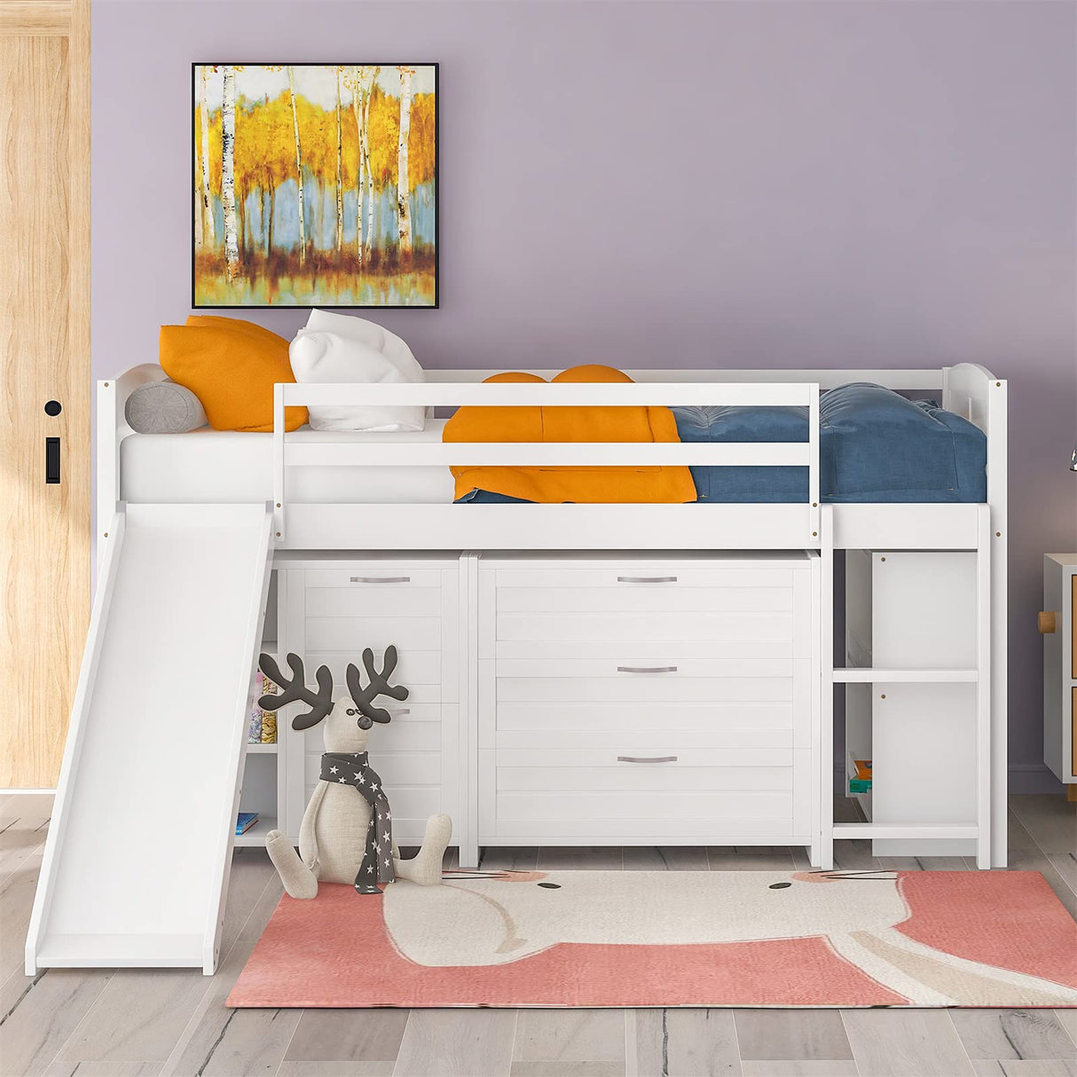 Slide and Storage Twin Loft Bed Frame with Cabinet Drawers and Book Shelves, Wooden