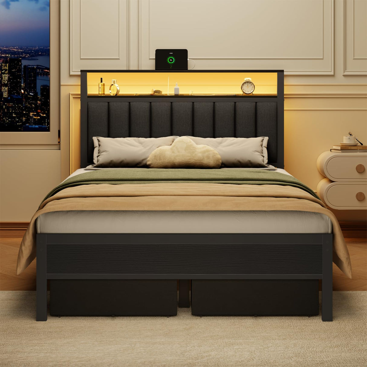 Full Size Bed Frame with Charging Station and LED Lights