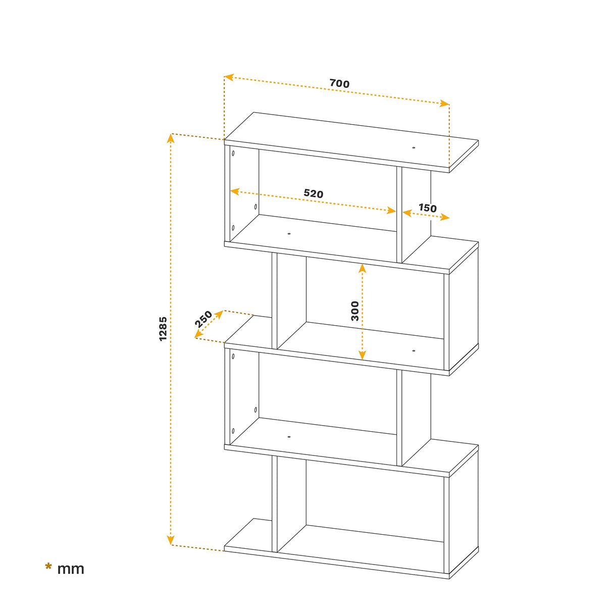 RICOO WM071-ER Storage Shelf 129 x 70 x 25 cm Bookcase Wooden Furniture Organiser Large Capacity 4 Compartments Open Oak Colour Brown