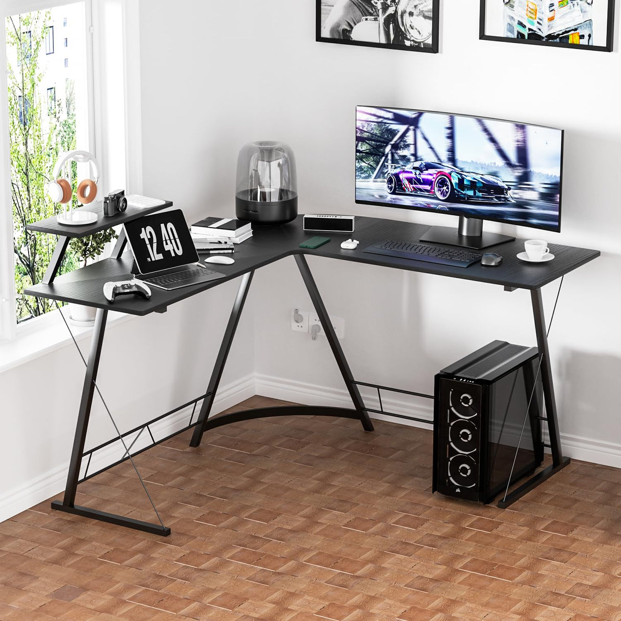 L Shaped Gaming Desk Computer Corner Table with Metal Frame, L Desk Workstation for Home Office, Space-Saving, Black