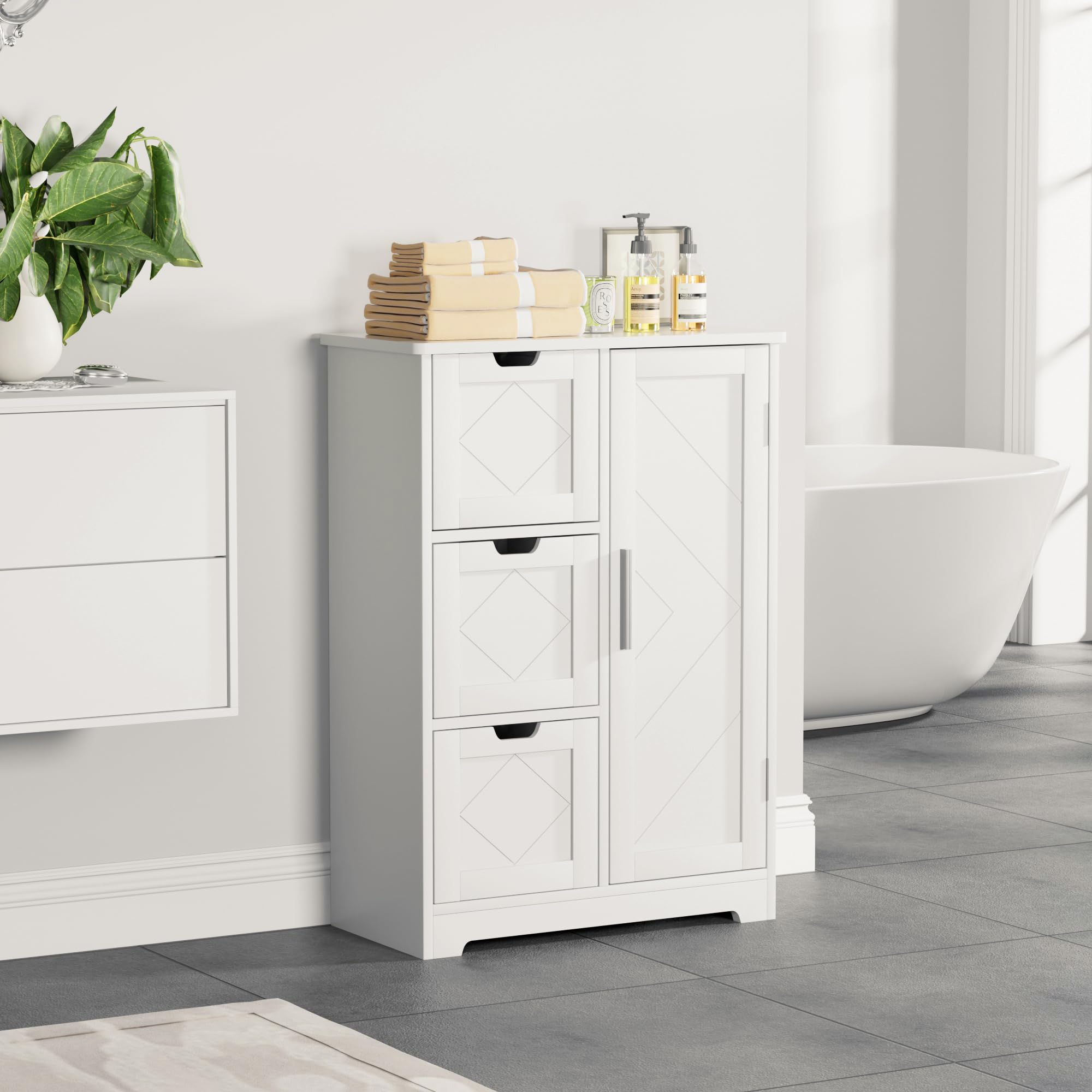 Bathroom Floor Cabinet, Freestanding Storage Cabinet with 3 Drawers and 2 Adjustable Shelves