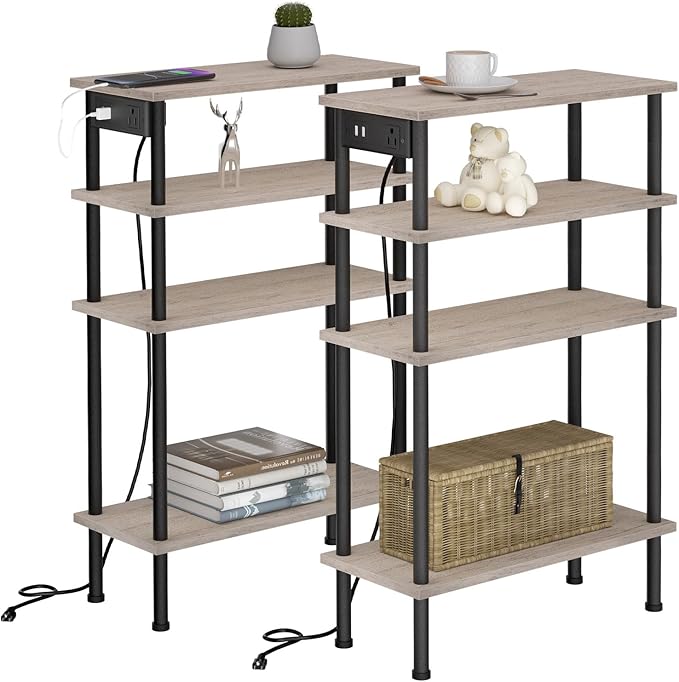 End Table with Charging Station and USB Ports, 3-Tier Nightstand with Adjustable Shelf,