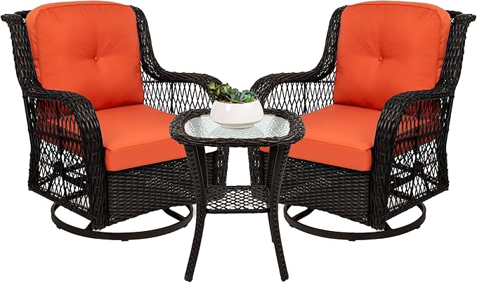 3-Piece Outdoor Wicker Patio Bistro Set w/ 2 360-Degree Swivel Rocking