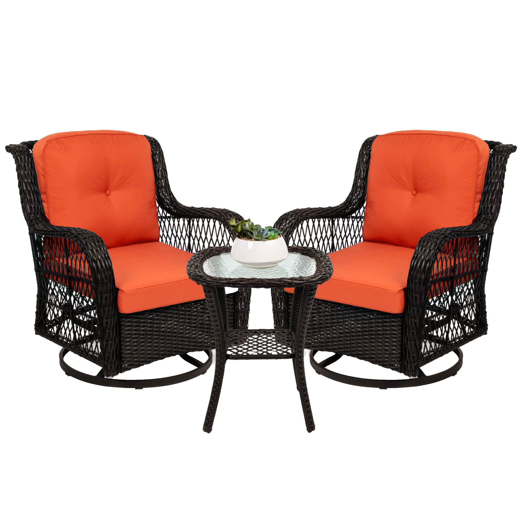 3-Piece Outdoor Wicker Patio Bistro Set w/ 2 360-Degree Swivel Rocking