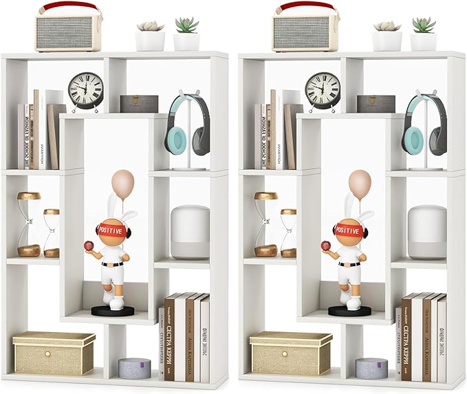 35.5” Geometric Bookshelf, Freestanding Wood Open Bookcase with 7 Cubes, Anti-Toppling Devices, Home Office Décor Rectangular Storage Shelf Display Rack for Study Living Room (1, White)