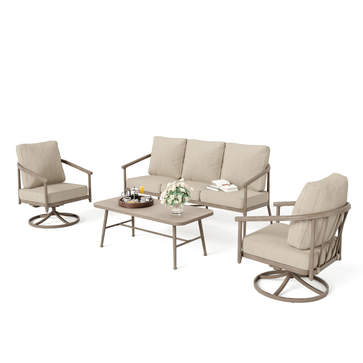 Patio Furniture Set, 2 x Cushioned Swivel Chair, 3-Seat Sofa with Wood Grain Coffee Table