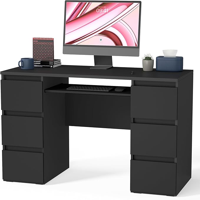 Computer Desk with Storage Shelf and 6 Drawers, 47 inch Writing Home Office Workstation,