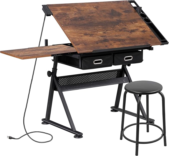Tilting Drawing Desk with Stool | Adjustable Artist Table with Storage & Outlet