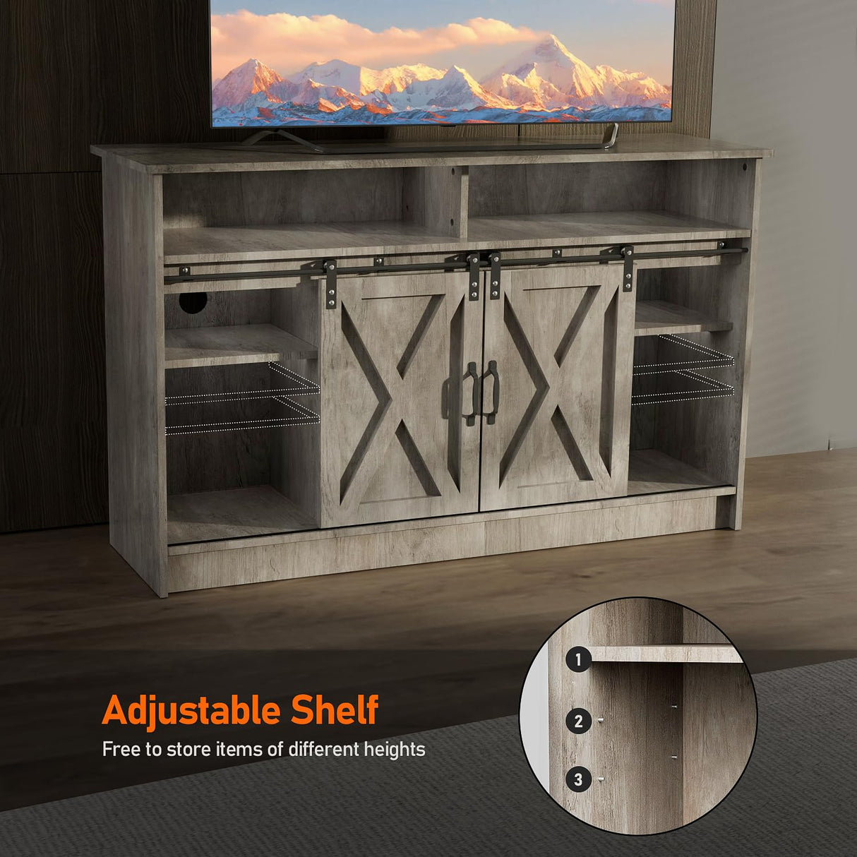 Farmhouse TV Stand for 65 Inch TV, TV Table and TV Console, TV Stands with Adjustable
