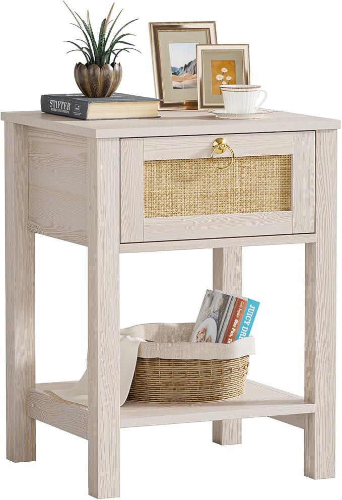 Rattan White Nightstand Set of 2: Sturdy Wood Night Stand