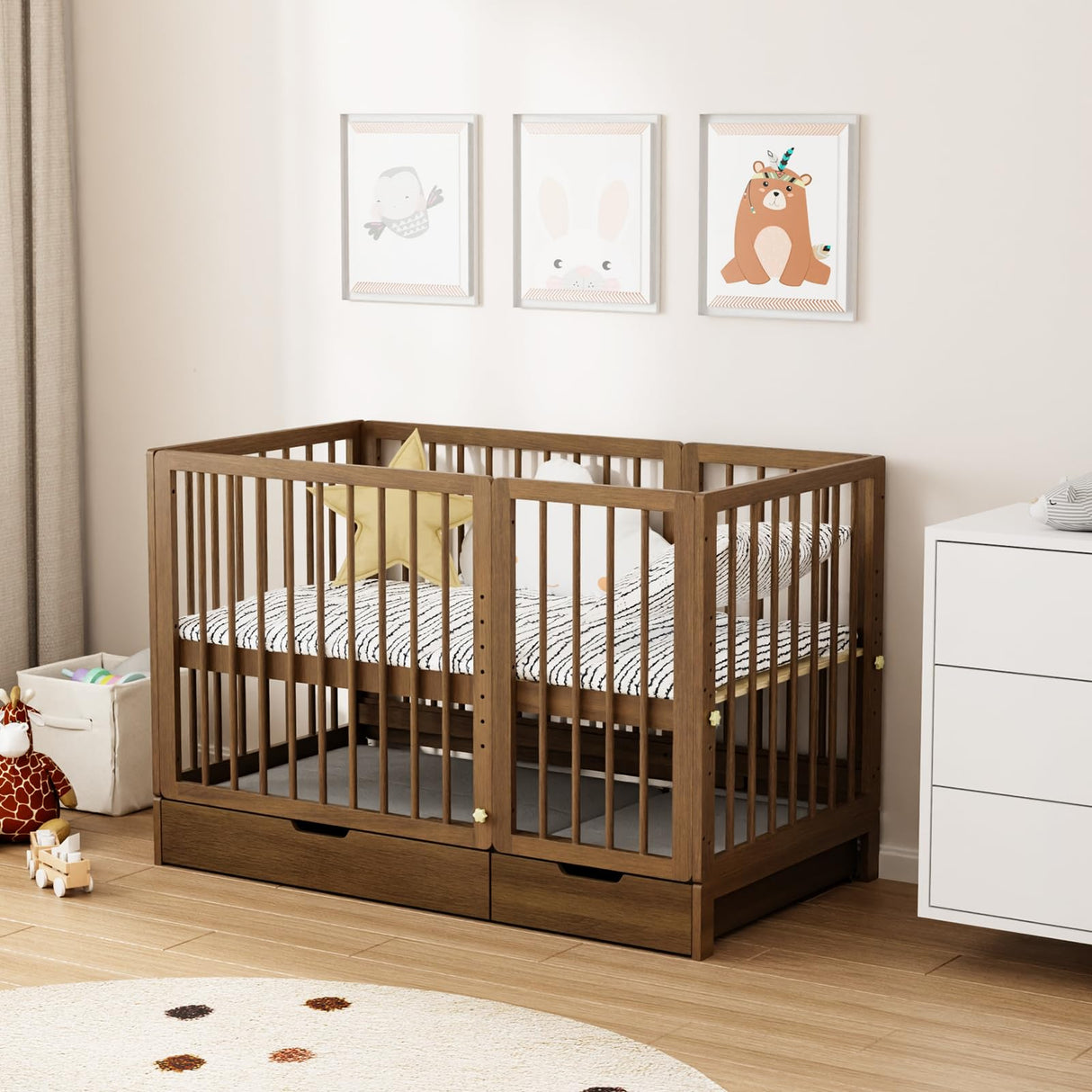 8-in-1 Convertible Crib with Drawer, Include 2" Mattress, Convert from Mini Crib