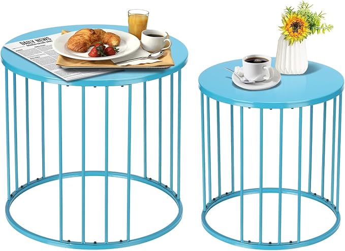 Outdoor Side Table Set of 2, Metal Circle Accent End Tables for Balcony Backyard Garden