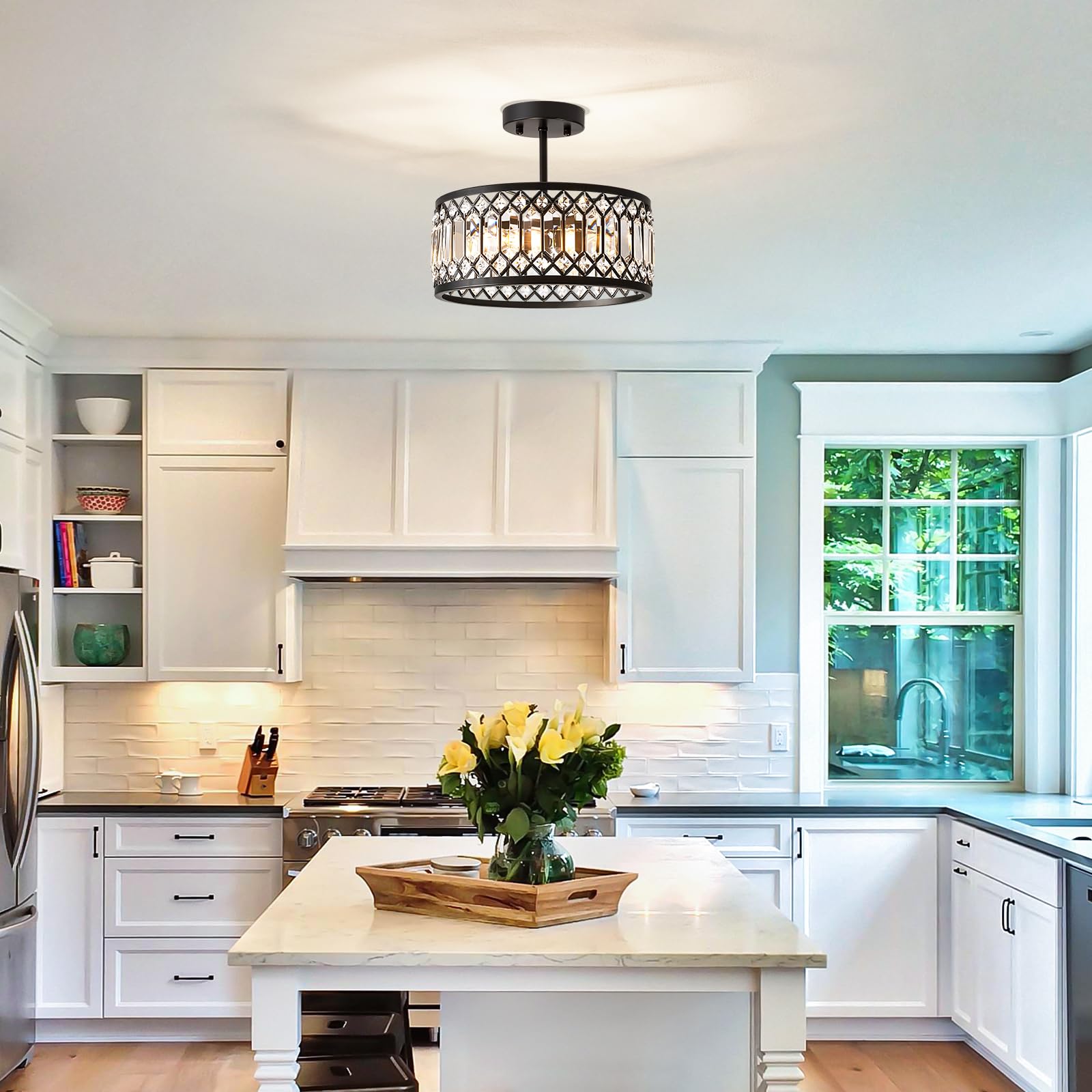 Pevfah Crystal Black Ceiling Light, Modern Semi Flush Mount Ceiling Lighting Fixture, Round Hallway Lighting Fixtures Chandelier for Kitchen Entryway Bedroom Dining Room, 3-Light, 12.2 Inch