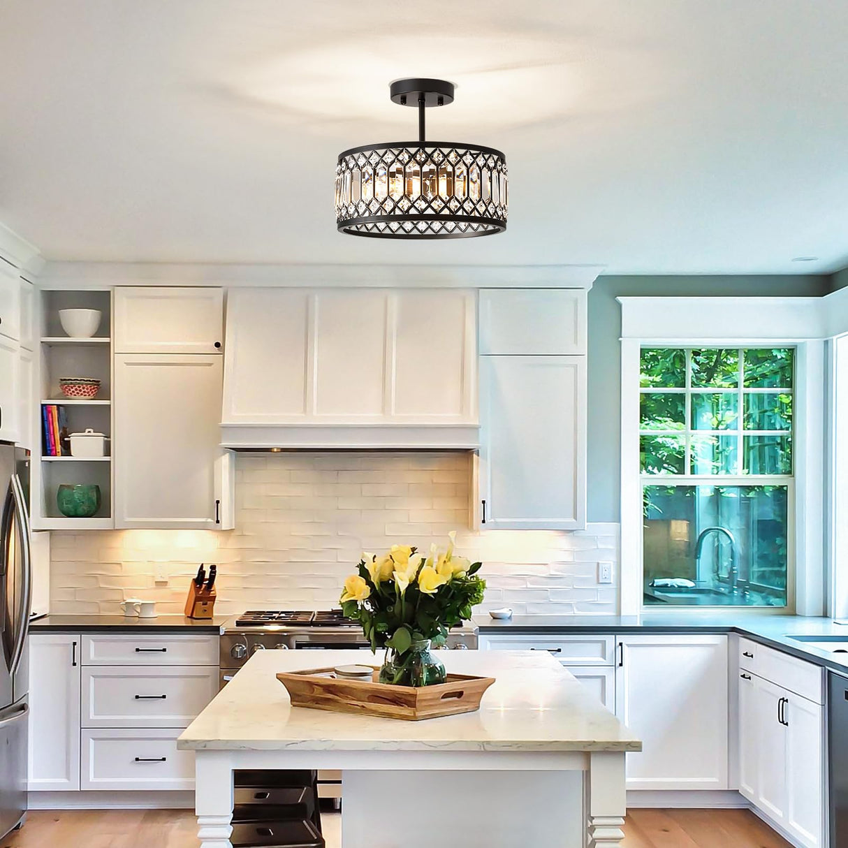 Pevfah Crystal Black Ceiling Light, Modern Semi Flush Mount Ceiling Lighting Fixture, Round Hallway Lighting Fixtures Chandelier for Kitchen Entryway Bedroom Dining Room, 3-Light, 12.2 Inch