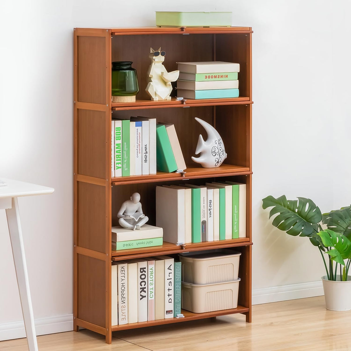 Bamboo 4-Tier Display Case Bookcase with Clear Acrylic Flip-Up Doors