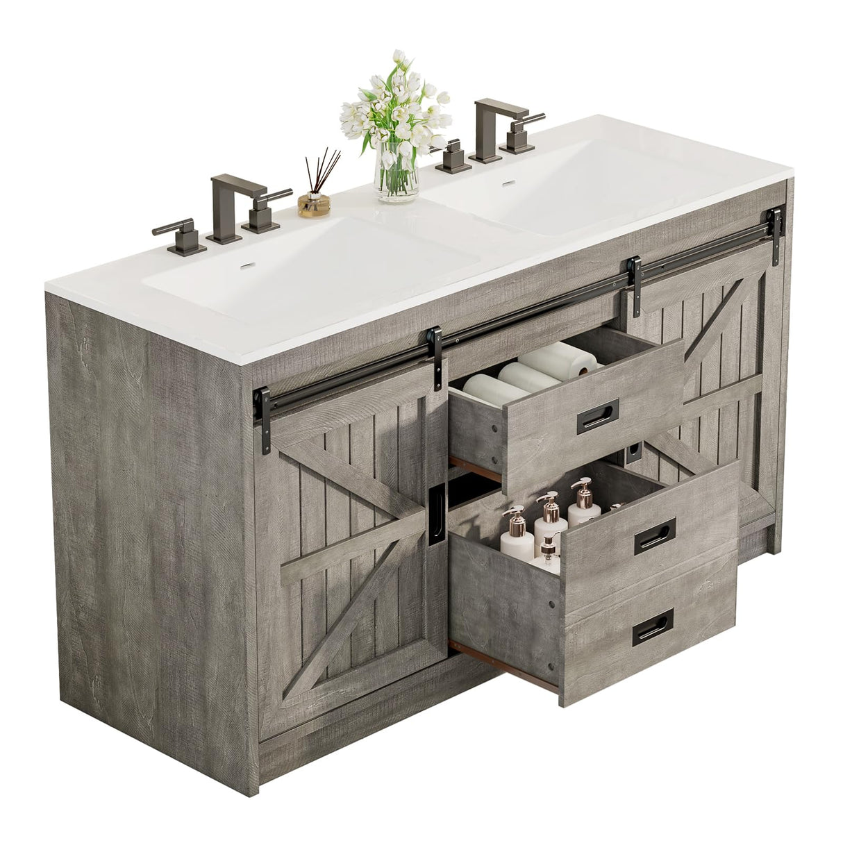 Double Farmhouse Bathroom Vanity with Sink, 61in Sliding Barn Door Bathroom Storage Cabinet