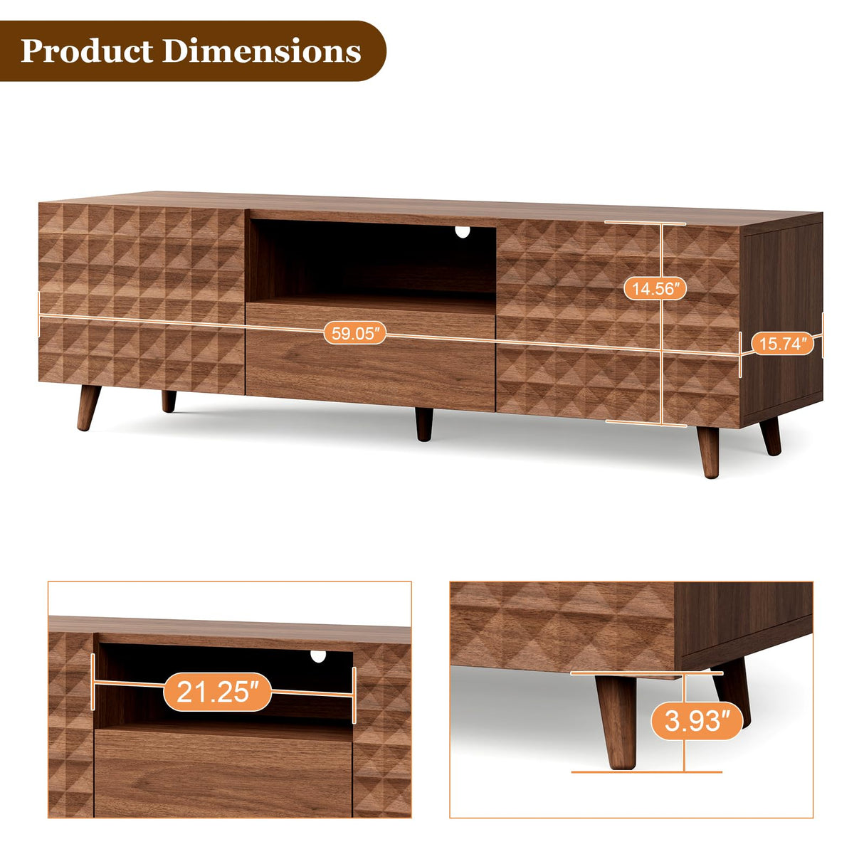 65 Inch TV Stand with Diamond Panel - Modern Entertainment Center