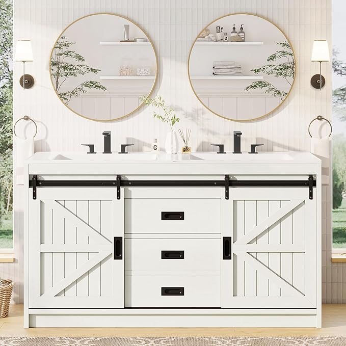Double Farmhouse Bathroom Vanity with Sink, 61in Sliding Barn Door Bathroom Storage Cabinet