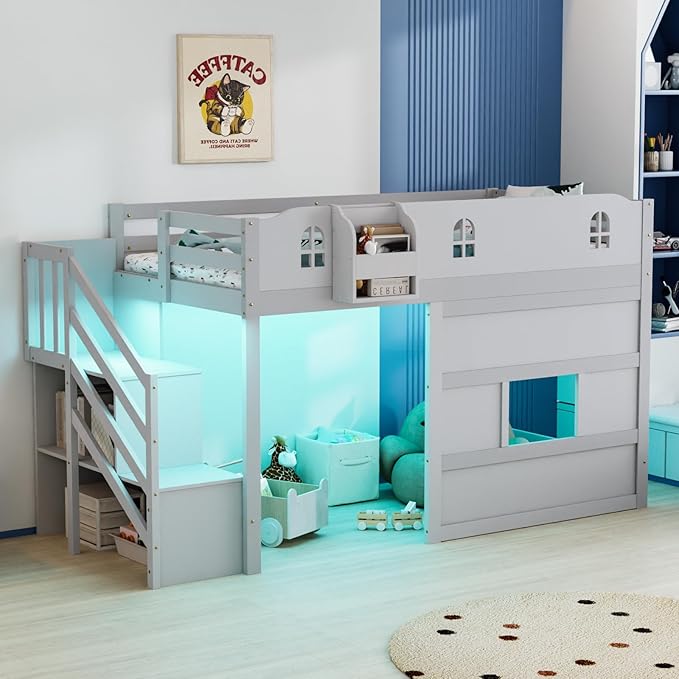 Low Loft Bed with Led Light, Loft Bed Twin Size with Castle Guardrail and Window