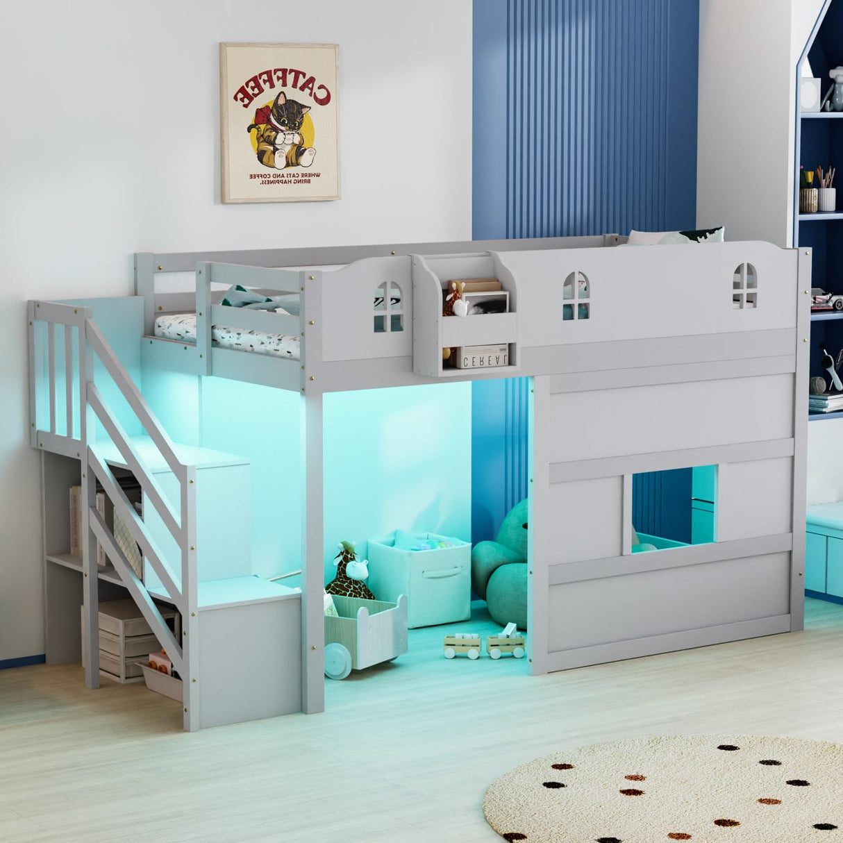 Low Loft Bed with Led Light, Loft Bed Twin Size with Castle Guardrail and Window
