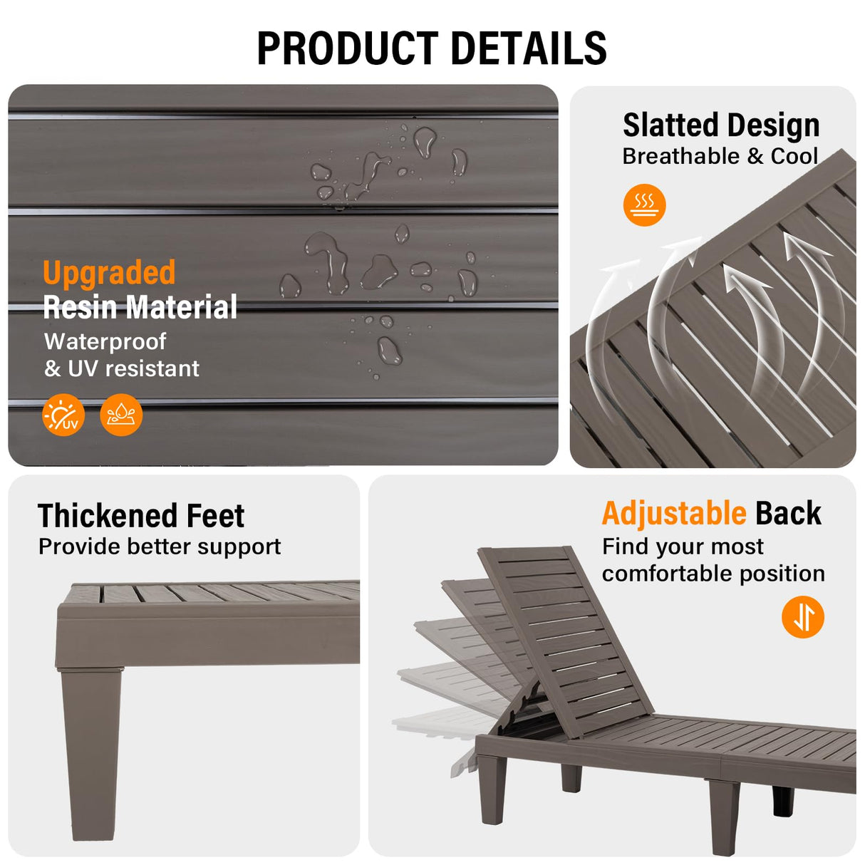 VINGLI Outdoor Chaise Lounge Chair Set of 2, Waterproof Outdoor Lounge Chair with 5-Level Adjustable Backrest, Patio Chaise Lounges for Garden, Pool, Beach Patio Deck Sunbathing (Light Taupe, 2 PCS)