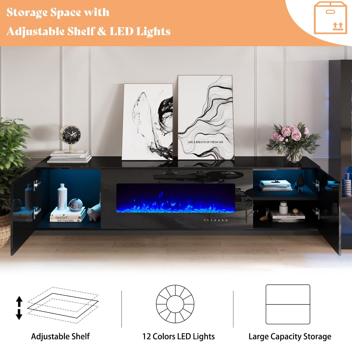 Floating Fireplace TV Stand, Wall Mounted Mirrored Entertainment Center