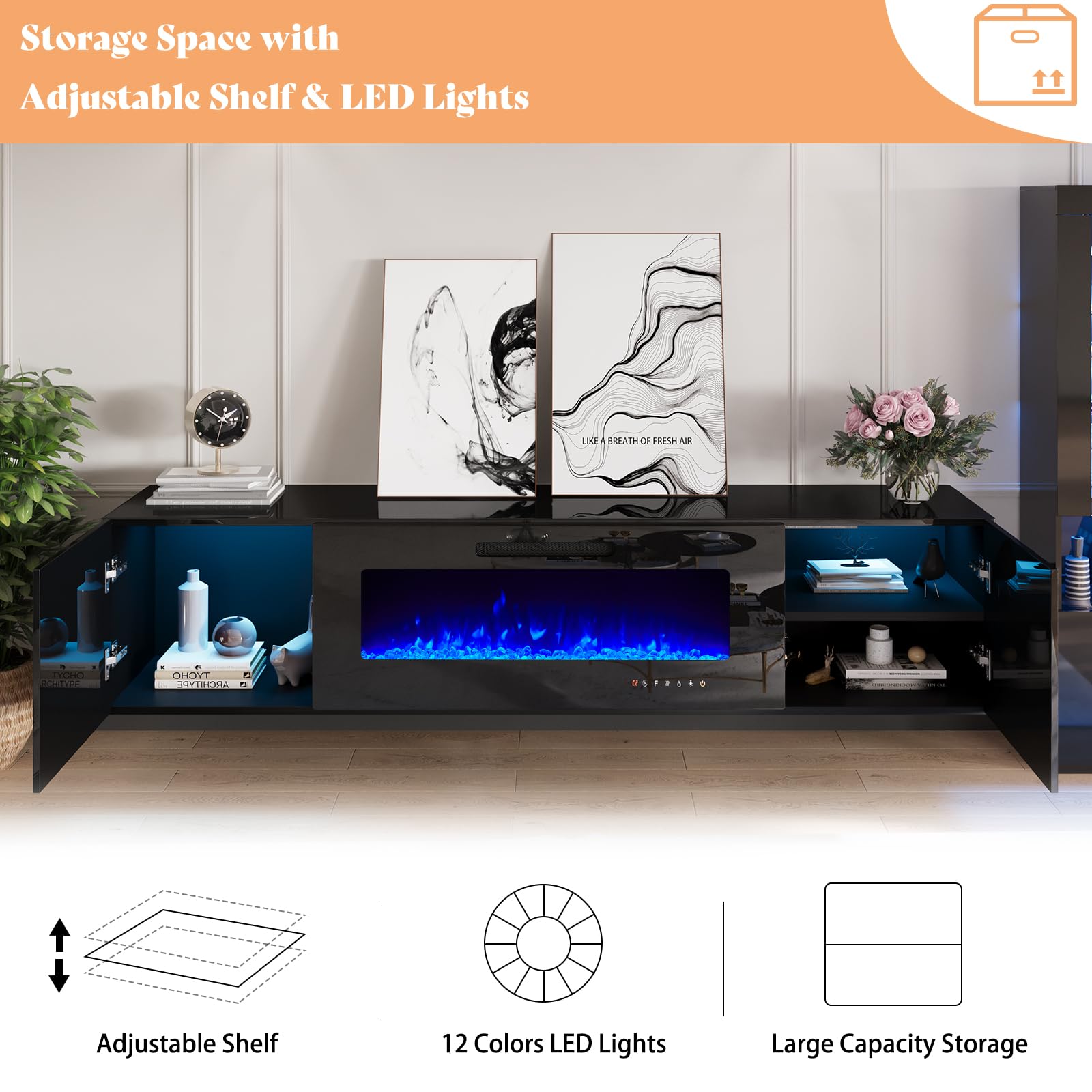 Floating Fireplace TV Stand, Wall Mounted Mirrored Entertainment Center