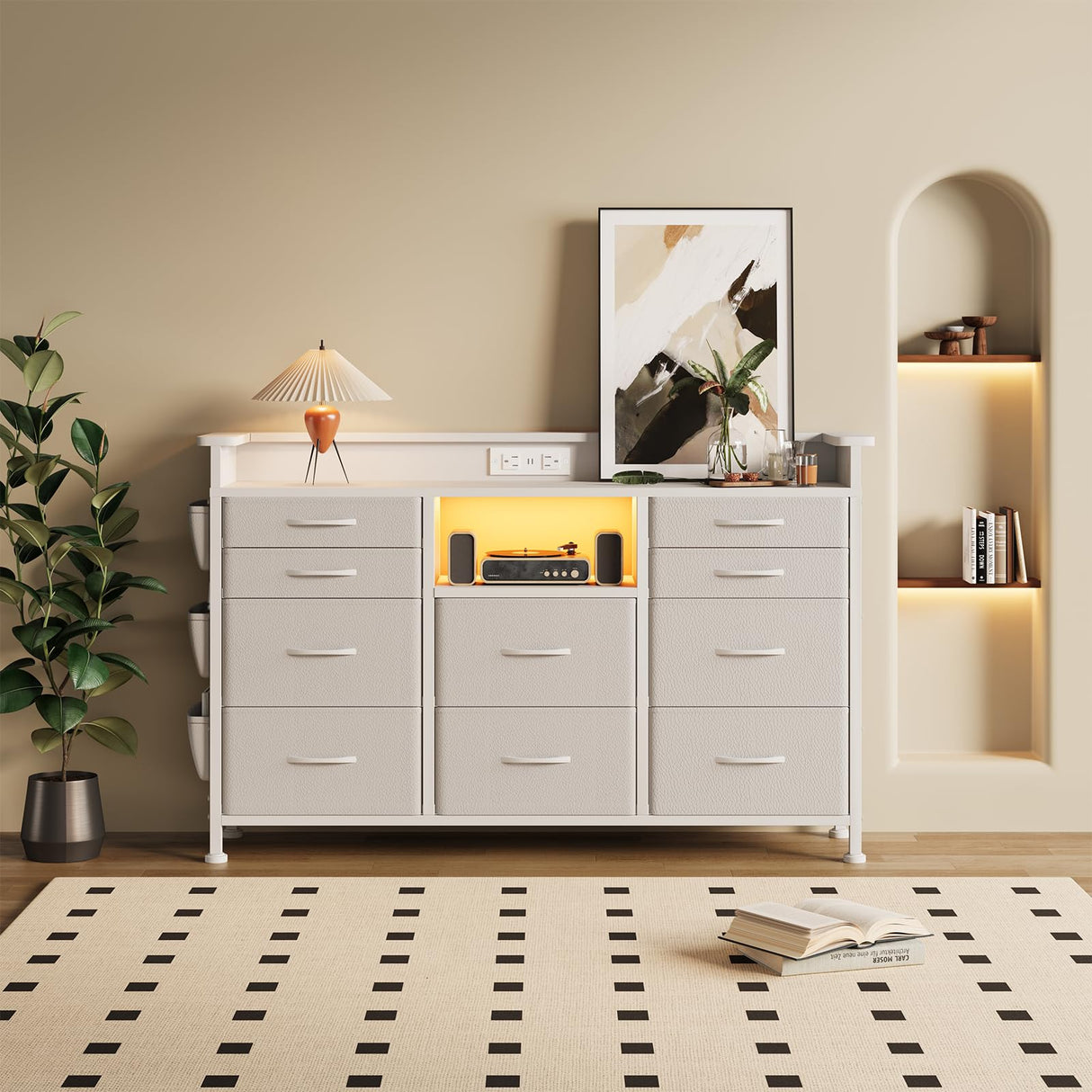 White Dresser with Charging Station and LED Lights, Dresser for Bedroom with 10 Drawers