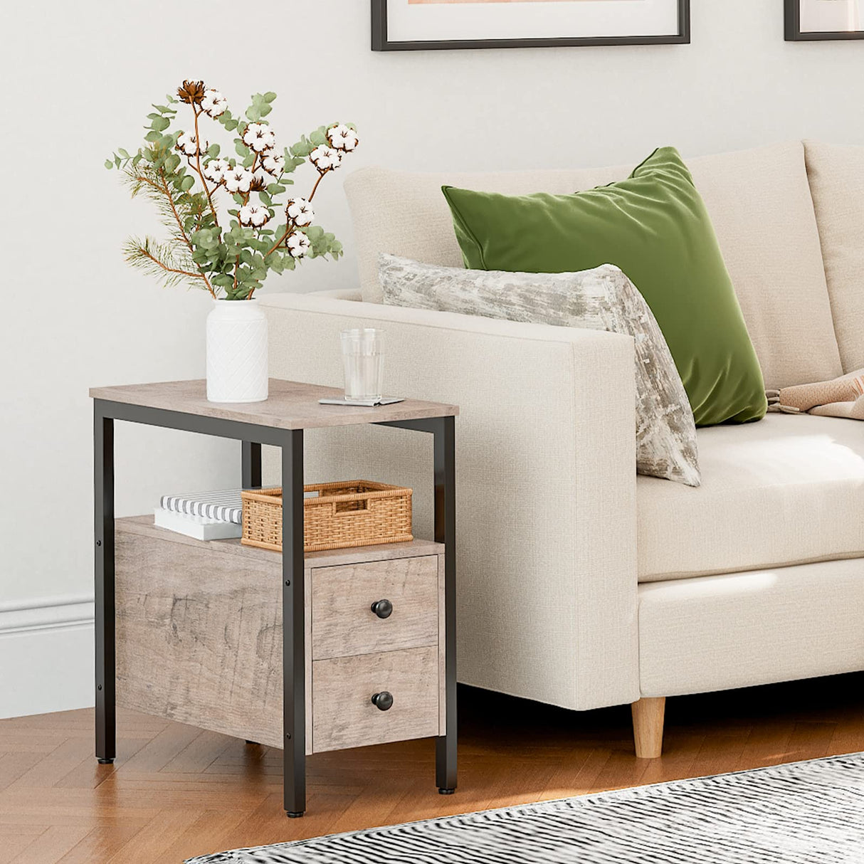 End Table Set of 2, Side Table with 2 Drawer and Open Shelf, Narrow Nightstand