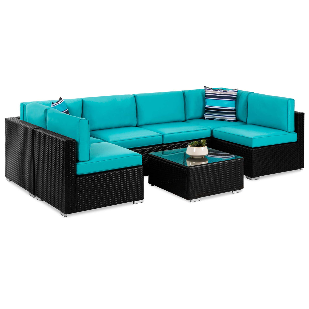 7-Piece Modular Outdoor Sectional Wicker Patio Conversation Set w/ 2 Pillows