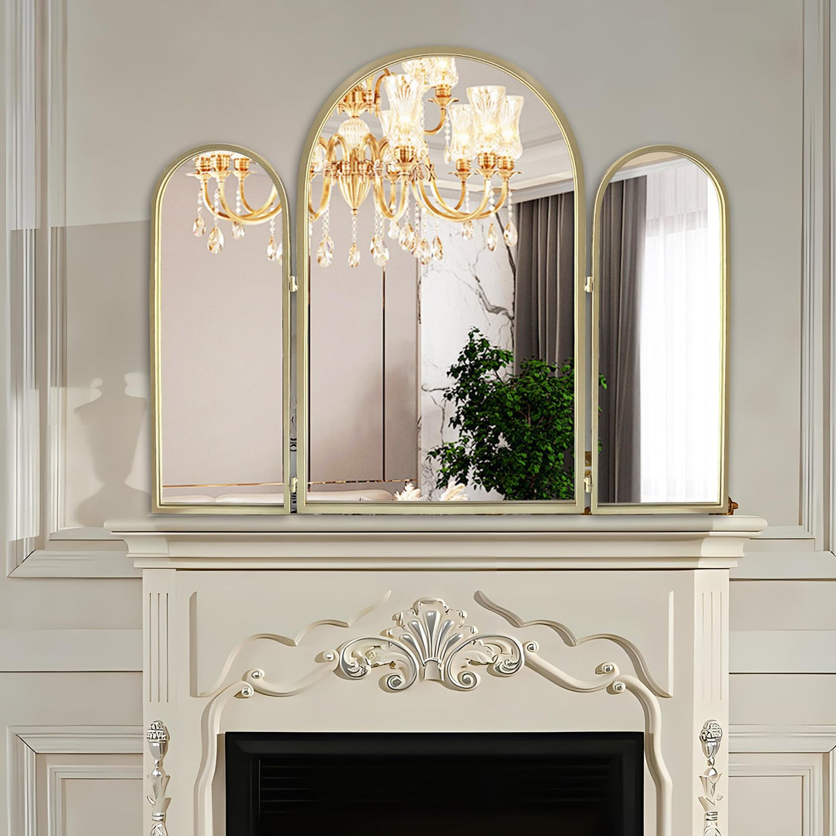 Trifold Vanity Mirror 3-Way Adjustable 30x37 Inch - Champagne Gold Arch Wall Mounted