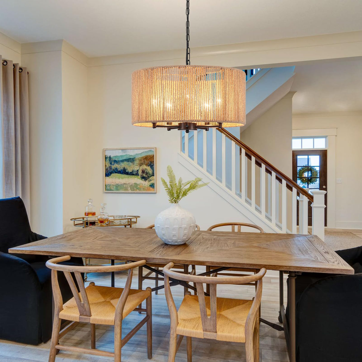 5 Lights Boho Drum Chandeliers for Dining Room Light Fixture, 19" Woven Pendant Light