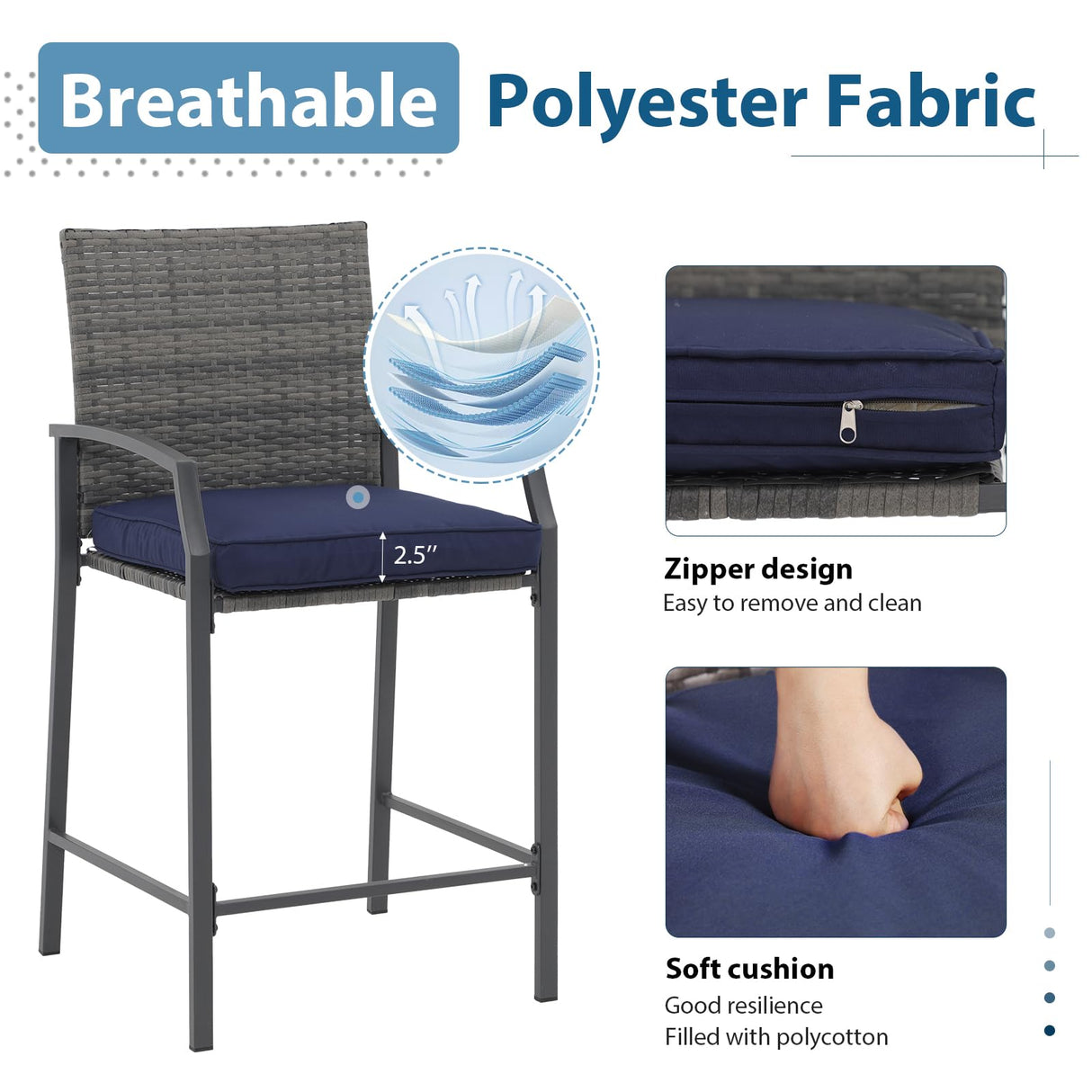 JOIVI 3 Piece Patio Bar Set, Outdoor Wicker Counter Height Bar Stools and Wood Top Table Set for 2 People, Bar Height Table Bistro Set with 2 Bar Chairs and Cushions for Backyard, Balcony