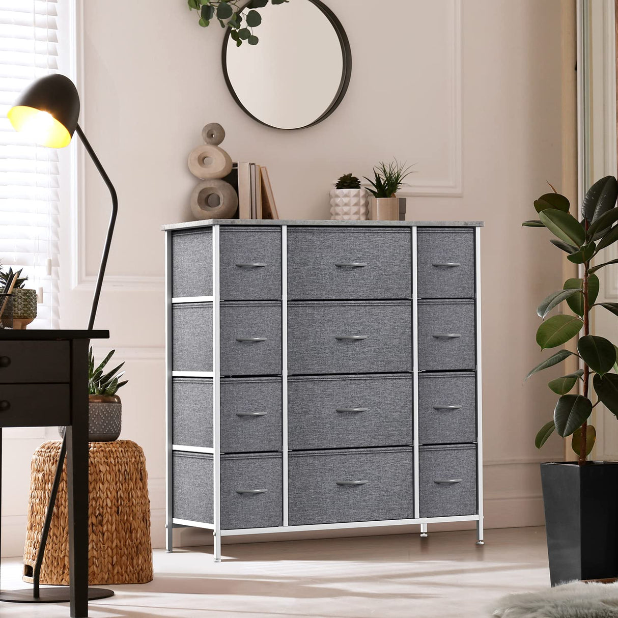 Dresser with 12 Drawers - Chest Organizer Unit with Steel Frame Wood Top & Handle Easy
