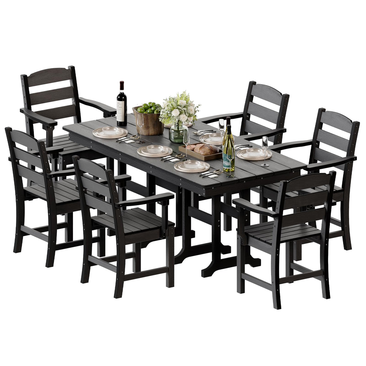 7 Pieces Patio Dining Set for 6, 71" HDPE All-Weather Dining Table & Chairs