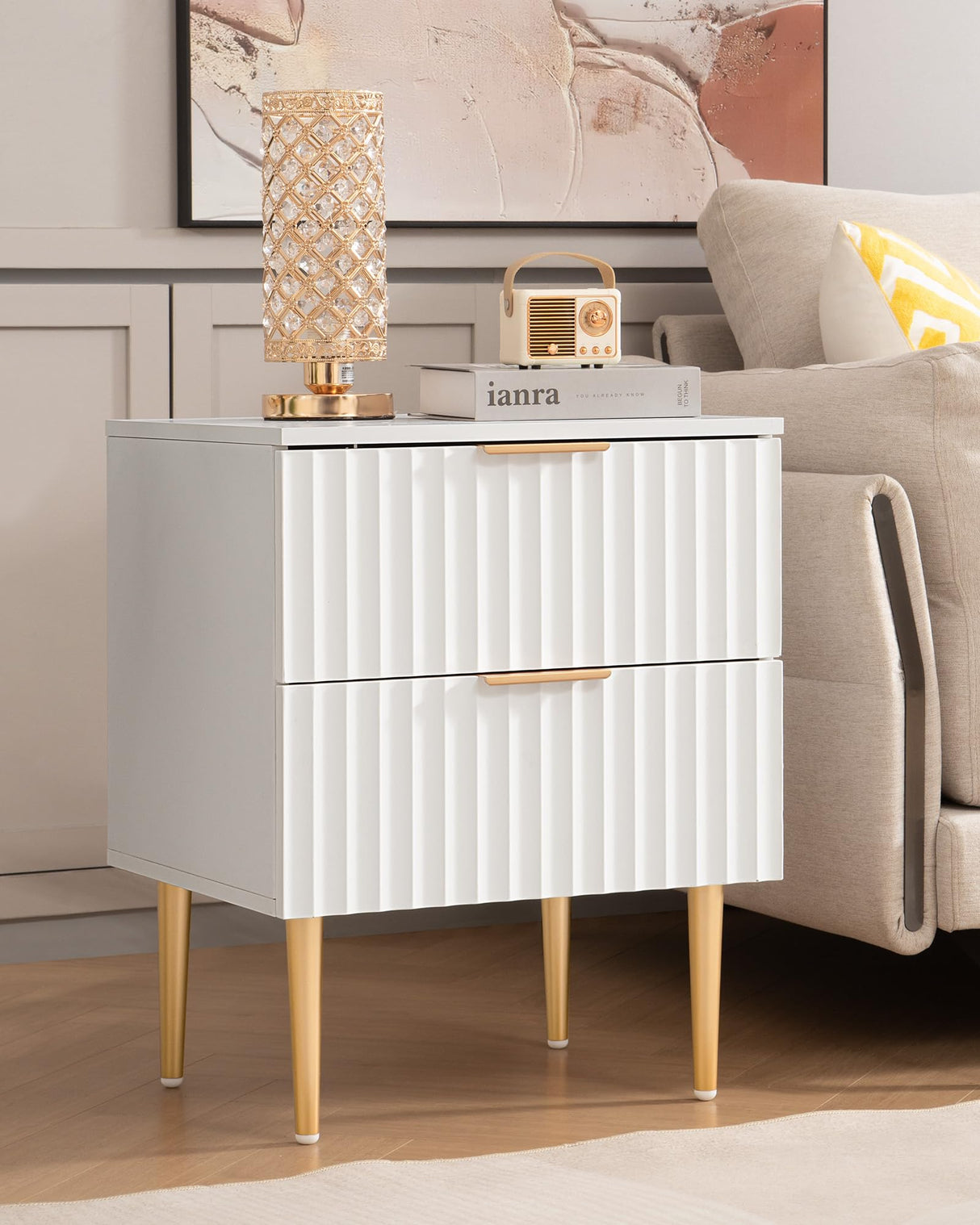 White Night Stand Set 2, Wide Fluted Nightstand