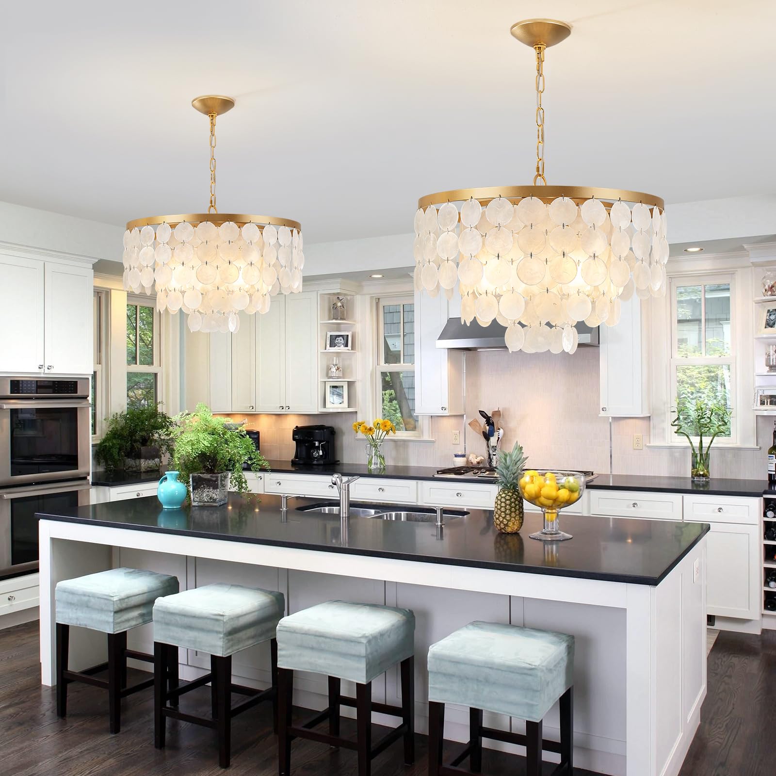 Shell Chandelier, White and Gold Chandelier Light Fixture with 4 Lights Capiz Seashell