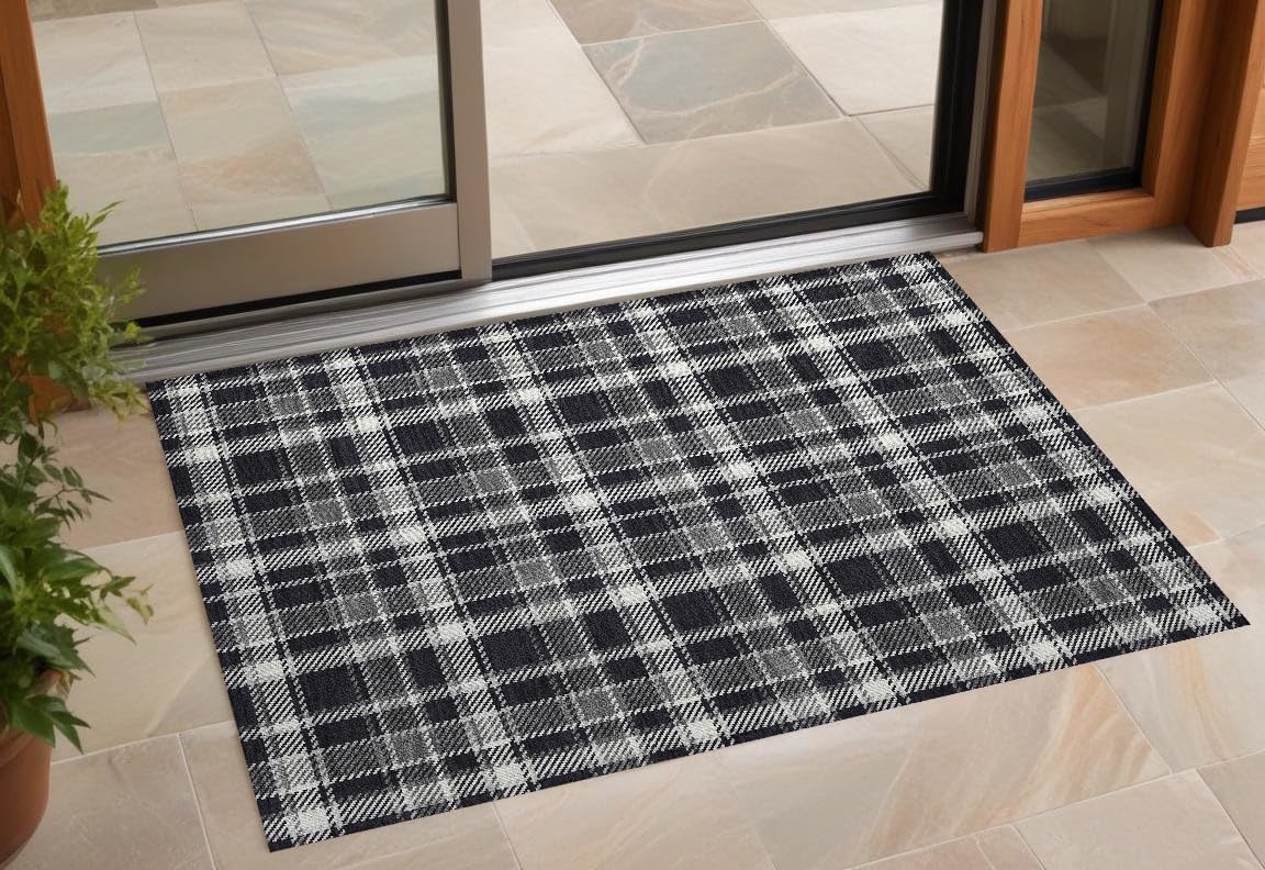 2' X 3' Black Gray and White Plaid Washable Non Skid Indoor Outdoor Area Rug