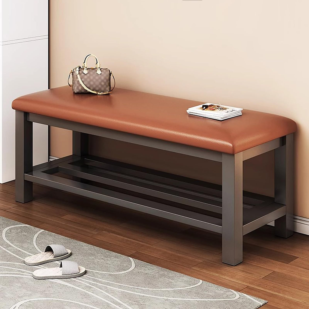 Small Shoe Rack for Entryway Small Space 2 Tier, Metal Shoe Bench with Cushion