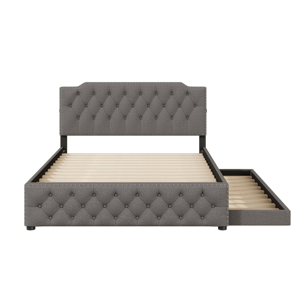 Queen Size Upholstered Platform Bed with Twin Size Trundle and 2 Sets of USB Ports