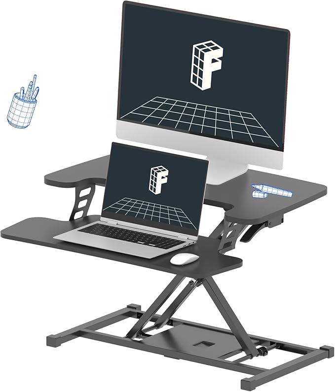 Standing Desk Converter 42 inch Spacious Sit to Stand up Dual Monitor and Laptop Desk Riser, Big Size Tabletop Workstation with Large Keyboard Tray, Black