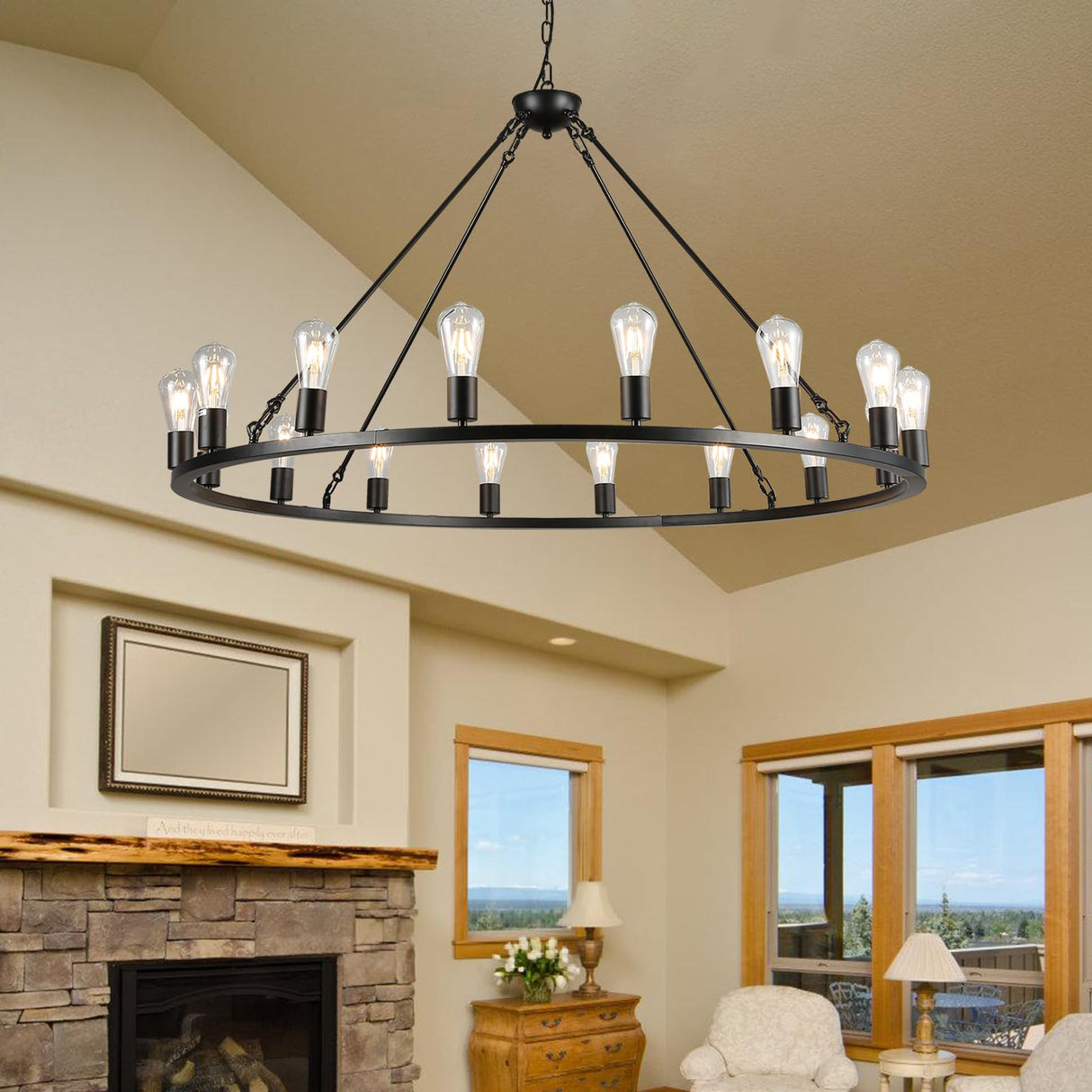 DOYFDOX 48-inch Black Wagon Wheel Chandelier, E26 16-Light Large Round Rustic Farmhouse Chandelier for High Ceilings, Living Room Foyer Entryway Hallway Villa