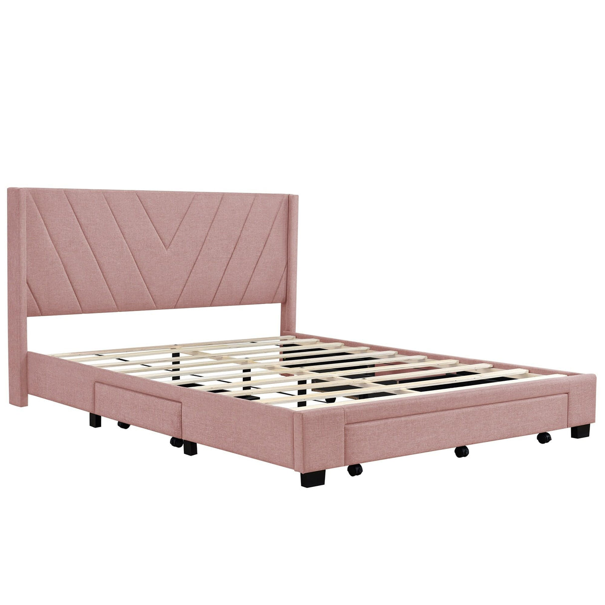 Storage Bed Upholstered Platform Bed with 3 Drawers Pink
