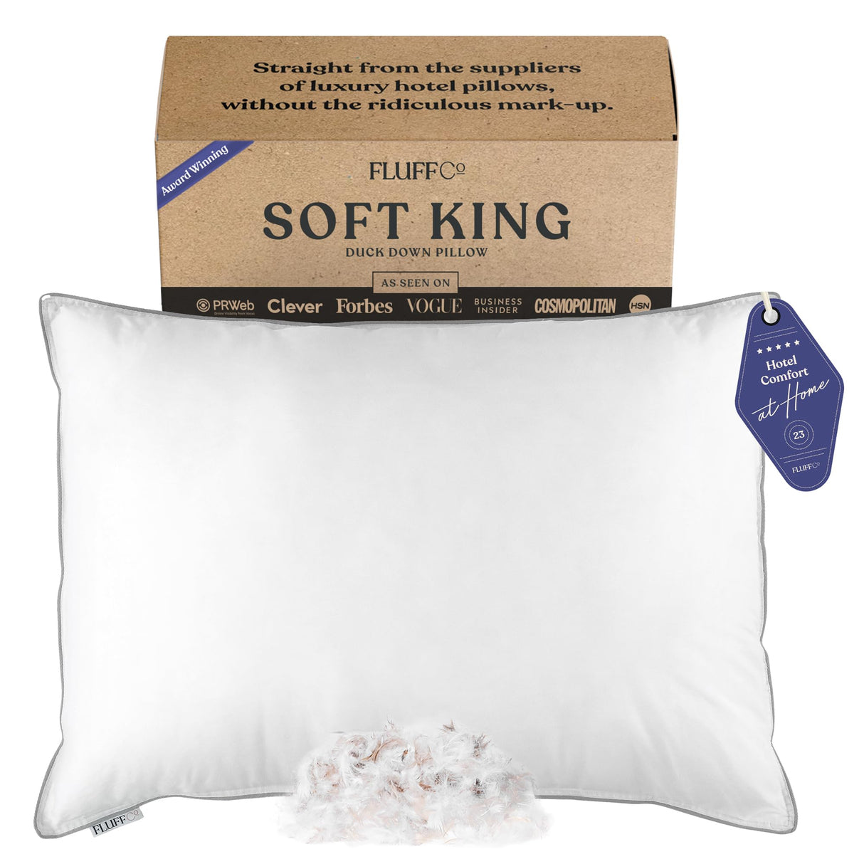 Zen Fluff Down King Pillow with 600 Fill Power White Duck Down Stomach Sleeper